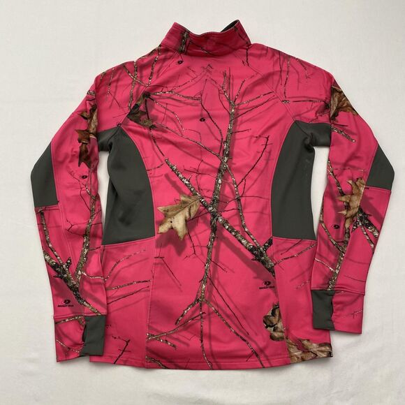 Mossy Oak Pullover Womens Medium Pink Camo 1/4 Zip Performance Hunting Stretch - Picture 2 of 12